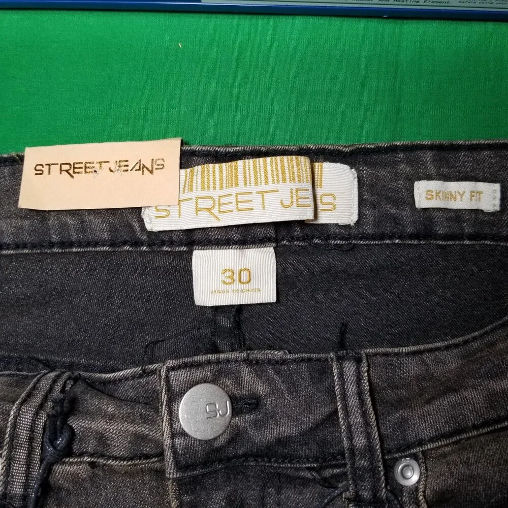 STREET JEANS Mens 30X32 Distressed Skinny Fit Black/Brown Wash Retro Street NWT